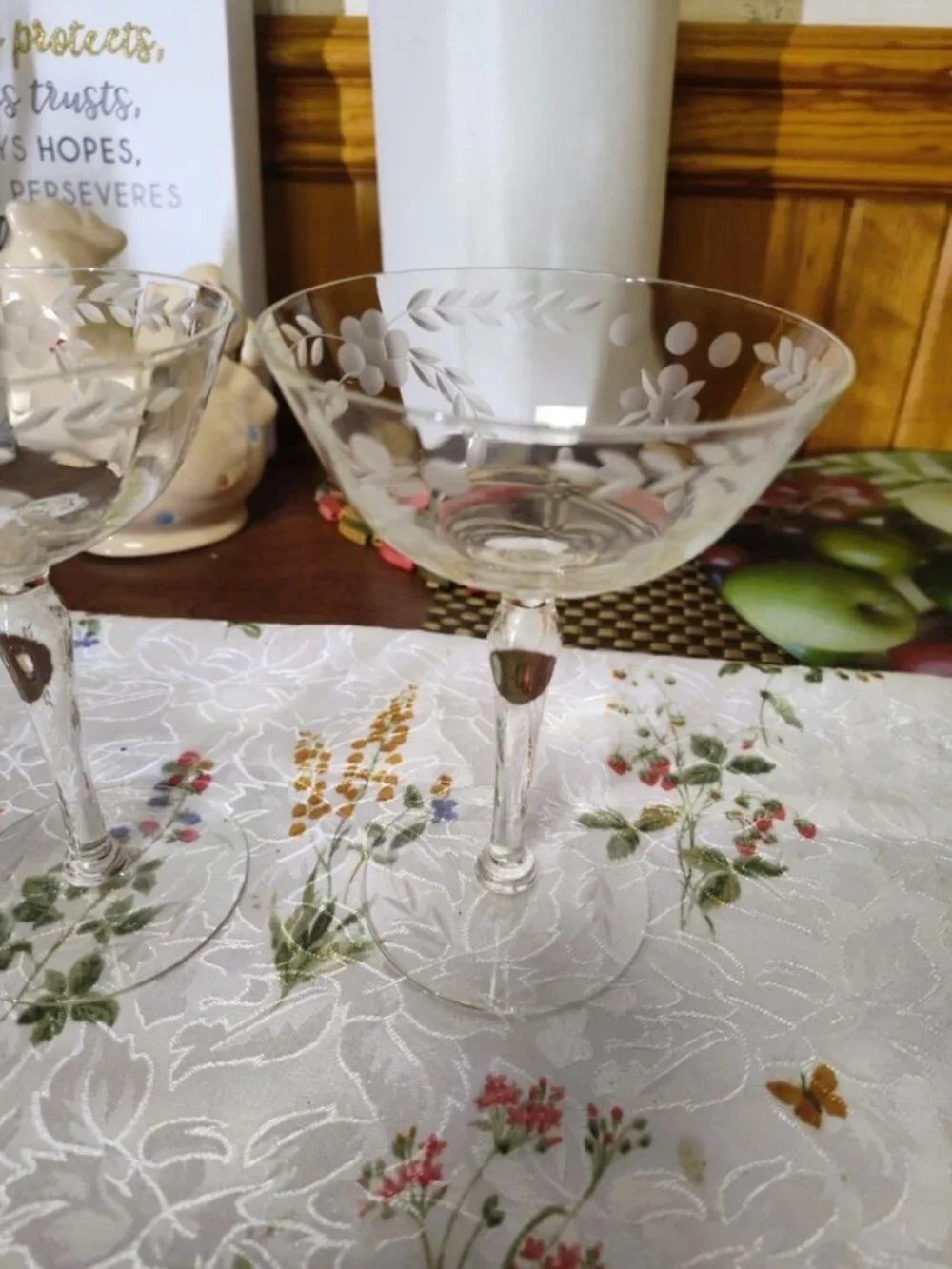 Lot of 2 Vintage Glass Champagne Couples Etched Floral & Vine Motiff